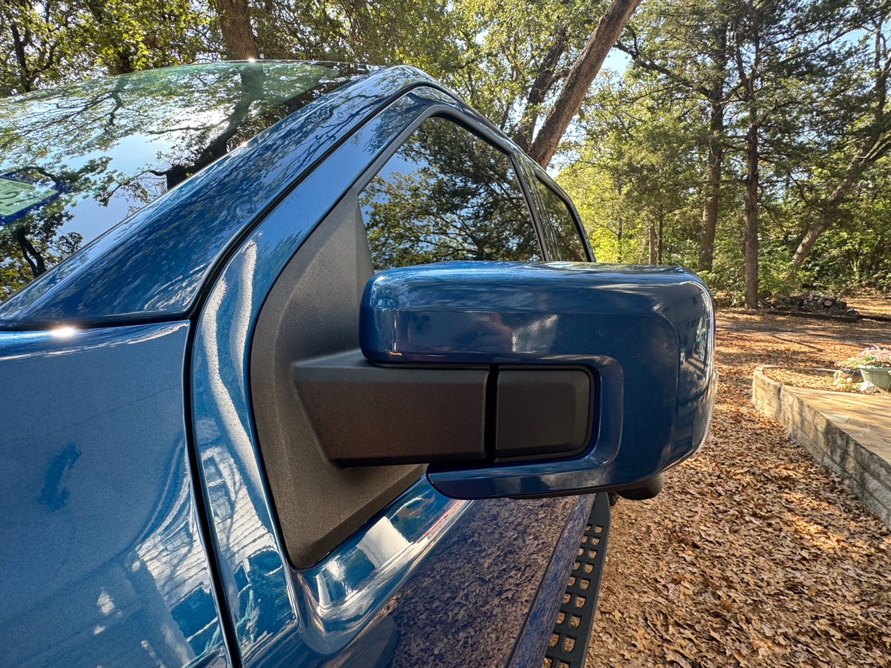 After detailing: driver-side mirror and exterior trim of a blue Ford F-150 Tremor